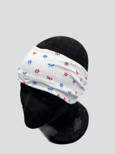 Load image into Gallery viewer, Flowers and bows red, white, and blue Headband